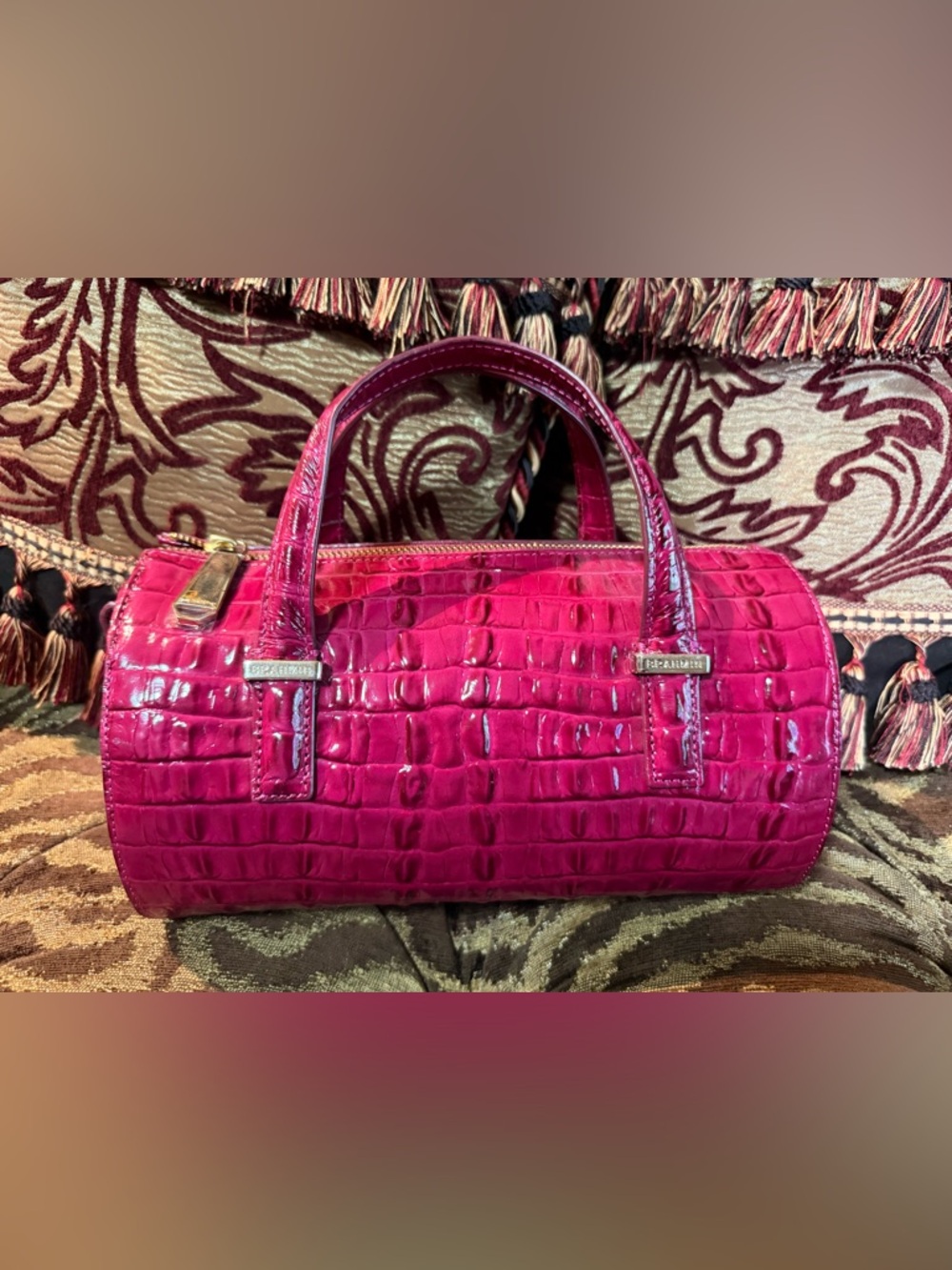 Brahmin Hot Pink Croc-Embossed Patent Satchel